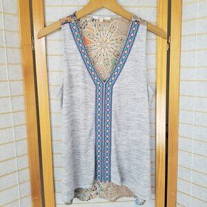 Miss Me Sleeveless Shirt Casual Mixed Media Gray Blue Size Small